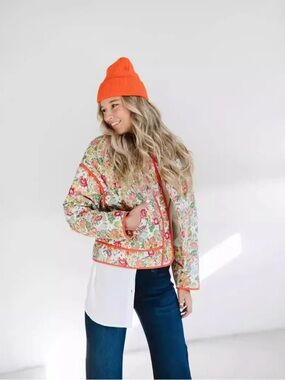 Merci en Merci Quilted Floral Jacket Cropped Ivory Boho Cottagecore Size M